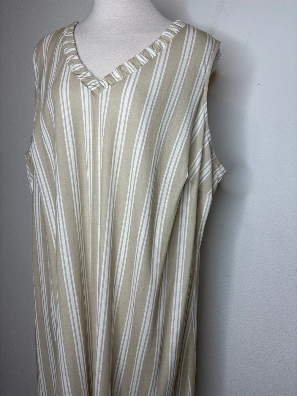 Belle by Kim Gravel Beach Beige and White Striped V-Neck Midi Dress
